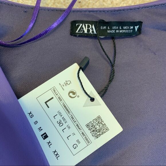 Zara purple faux leather long sleeve V-neck ruched mini dress Sz L NWT - Picture 10 of 14